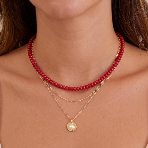 CONRAN KREMIX Colorful Stone Beaded Necklace for Women,Natural Gemstone Bead Choker Necklaces Boho Summer Beach Layering Necklace Jewelry Gift for Women - color: Red
