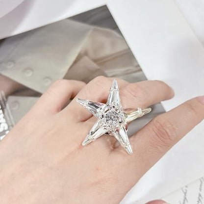 Exaggerated Large Star Rhinestone Statement Ring for Women Luxury Thick Chunky Big Crystal Stone Finger Knuckle Band Wrap Open Adjustable Rings Silver Oversized Fashion Wedding Cocktail Prom Party Jewelry Gift