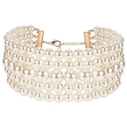 KOSMOS-LI Fashion Simulate Pearl Choker Necklace With Earrings Set - color: Ivory
