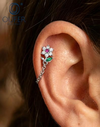 OUFER 16G Threadless Flat Back Cartilage Stud with Chain Dangle, Flower CZ Cluster Labret for Helix/Conch/Tragus/Lobe, 316L Stainless Steel, 6mm Post - color: Silver