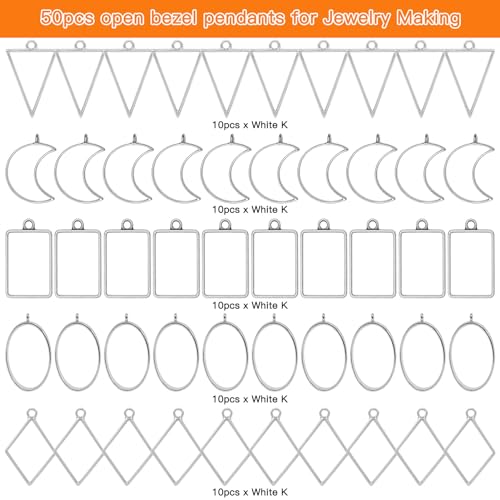 Oubaka 50pcs Open Bezel Pendants 5 Styles Open Back Bezel Pendant Open Frame Pendant Resin Craft Bezels for Resin Casting,Necklace,Earrings,Pressed Flower,DIY Crafts(White K) - color: 50pcs;White K;5 Styles