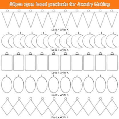 Oubaka 50pcs Open Bezel Pendants 5 Styles Open Back Bezel Pendant Open Frame Pendant Resin Craft Bezels for Resin Casting,Necklace,Earrings,Pressed Flower,DIY Crafts(White K) - color: 50pcs;White K;5 Styles
