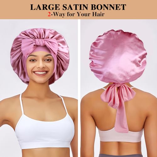 2+3 Large Satin Bonnets with Scrunchies for Women, Hair Bonnet Sleeping Tie Bonnet for Braids Curly Hair - color: #a - Black, Rose Gold
