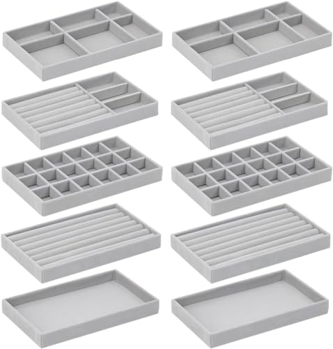 10 Pack Jewelry Organizer Tray Drawer Inserts Stackable Velvet Liner Dividers Customizable Jewellery Box Foam Ring Earring Holder Necklace Bracelet Storage Display Dish Flat in Dresser Vanity - color: Grey