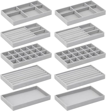 10 Pack Jewelry Organizer Tray Drawer Inserts Stackable Velvet Liner Dividers Customizable Jewellery Box Foam Ring Earring Holder Necklace Bracelet Storage Display Dish Flat in Dresser Vanity - color: Grey