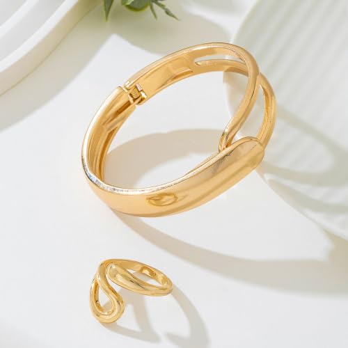 Gold Bangle Ring Set for Women Chunky Statement Jewelry Set Geometric Bangle Bracelet And Ring Minimalist Daily Wear Party Jewelry Gift - color: Gold A