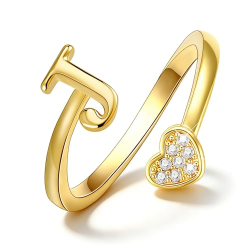 Lunvky Birthday Gifts Silver Initial Rings for Women Teen Girl Kids Trendy Stuff Dainty 14K Gold Plated Adjustable Heart Letter Thumb Rings Pinky Cute Jewelry Personalized Gift - color: Gold, size: Initial-J