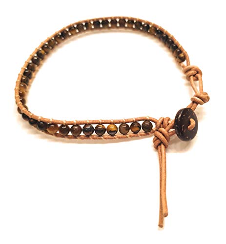 Infinityee Ankle Bracelet Woven Light Brown Leather Vintage Handmade Hippie Bohemian Gypsy Boho Unisex Anklet for Men, Women, Teen (Tiger Eye stone)