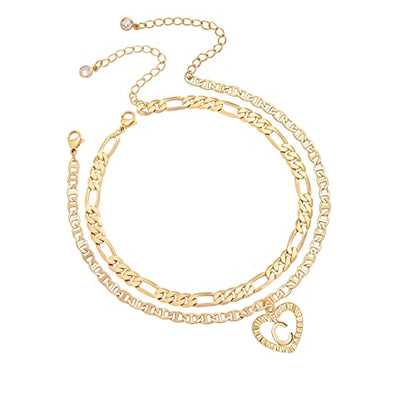 Initial Ankle Bracelets for Women 2pcs 18K Gold Plated Handmade Layered Letter Heart Figaro Chain Flat Mariner Anklets for Women Cute Summer Beach Foot Jewelry - style: Gold-C