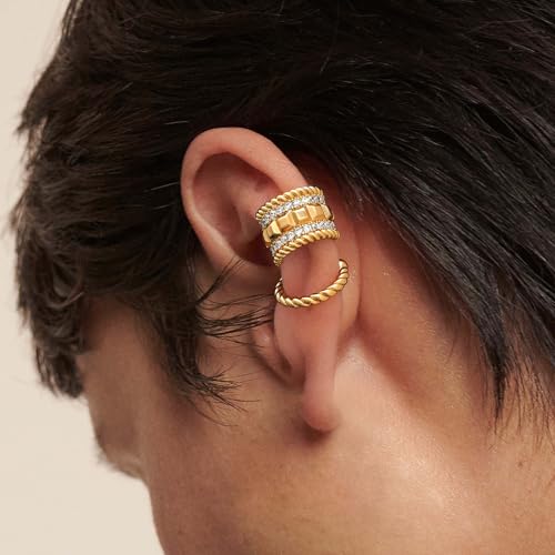 MEVECCO Ear Cuffs Non Piercing 18K Gold Plated Ear Cuff Earring Sets Clip on Cartilage Cubic Zirconia Pearl Minimalist Hypoallergenic Fake Hoop Earrings Stack Women Gifts - style: 2pcs-Wide