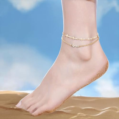 mnmoom Double Layer Cross Anklet for Women, Stainless Steel Love Charm, 10.6 Inch Adjustable Chain, Gold/Silver - color: Gold
