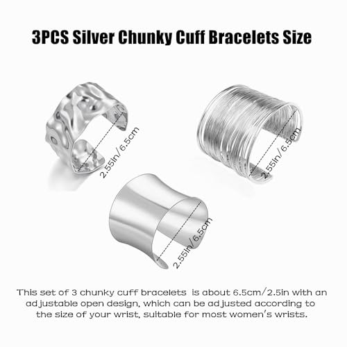 3PCS Gold Chunky Cuff Bracelets for Women Irregular Minimalist Statement Bangle Bracelets Set Open Wide Bangle Arm Cuff Upper Arm Punk Jewelry - color: 3PCS Silver Cuff Bracelets