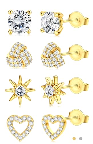 SAILIMUE Hypoallergenic Sterling Silver Stud Earrings for Women Men | Brilliant Heart Knot Round Cubic Zirconia Earring Studs for Sensitive Ears Gold Silver Tone - color: gold-C
