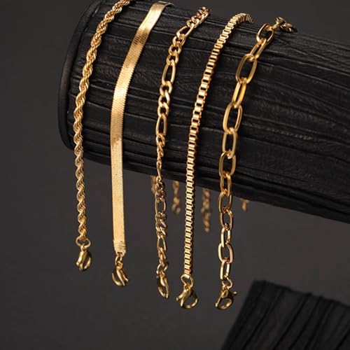 Women's Bracelet Set, 5PCS Gold Plated Stackable Bracelets - Thin Chain, Cuban Link, Paperclip Styles, Dainty Fashion Jewelry Gift for Women