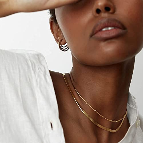 Freekiss Layered Necklace Set for Women Stackable | Herringbone Snake Cuban Rope Chain, Dainty Choker, Layered Stackable, Non Tarnish, Hypoallergenic, Adjustable 14-18.5" - color: Gold, style: Beads+Snake+Figaro