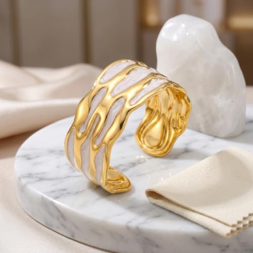 18K Gold Plated White Enamel Cuff Bracelet for Women - color: wave
