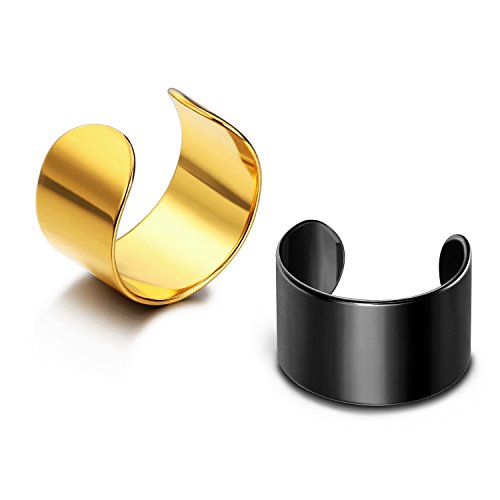 JEWELRIESHOP Earcuffs Stainless Steel Ear Cuffs Helix Cartilage Clip on Wrap Punk Earrings for Women Men Non Piercing Adjustable - color: 03. Steel Gold Black