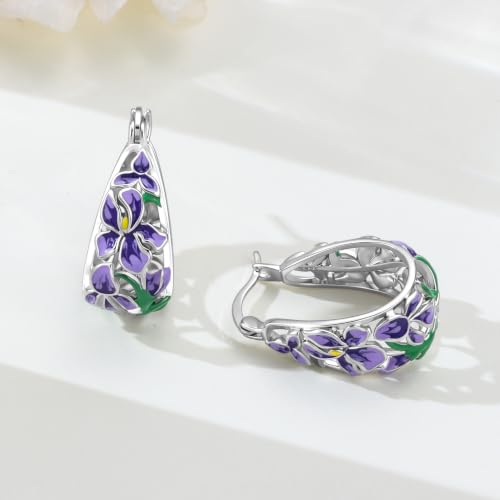 Floral Hoop Earrings 925 Sterling Silver with 14K Gold Plating – Lightweight CZ Flower Hoops | Hypoallergenic Jewelry for Women | Gift Box + Polishing Cloth - color: 22mm Iris earrings purple