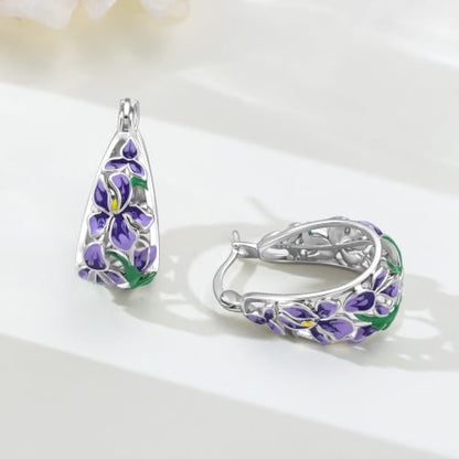 Floral Hoop Earrings 925 Sterling Silver with 14K Gold Plating – Lightweight CZ Flower Hoops | Hypoallergenic Jewelry for Women | Gift Box + Polishing Cloth - color: 22mm Iris earrings purple