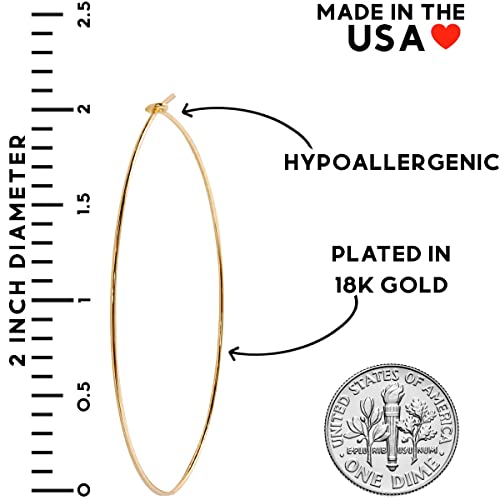 Thin Hoop Earrings for Women - Lightweight Wire Threader Loop Drop Dangles | Plated in 18K Gold or 925 Sterling Silver, Hypoallergenic and Safe for Sensitive Ears - color: 18K Gold Plated - 2" inch
