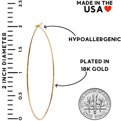 Thin Hoop Earrings for Women - Lightweight Wire Threader Loop Drop Dangles | Plated in 18K Gold or 925 Sterling Silver, Hypoallergenic and Safe for Sensitive Ears - color: 18K Gold Plated - 2" inch