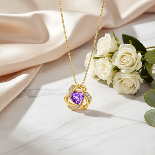 Midari 18K Gold Love Knot Necklace Love Knot Pendant Necklace with 12 Months Birthstones I Love You Forever Jewelry Gifts for Women Mom Her - color: 02-February