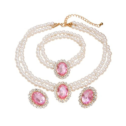 3Pcs Dainty Elegant Imitation Pearl Beaded Choker Necklace Bracelets Earrings Set Handmade Adjustable Faux Pearl Necklace for Women Bridal Wedding Party Prom Birthday Valentine Jewelry Gifts - color: C pink