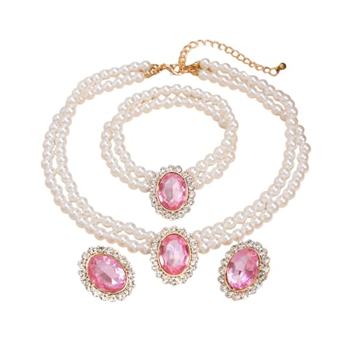3Pcs Dainty Elegant Imitation Pearl Beaded Choker Necklace Bracelets Earrings Set Handmade Adjustable Faux Pearl Necklace for Women Bridal Wedding Party Prom Birthday Valentine Jewelry Gifts - color: C pink