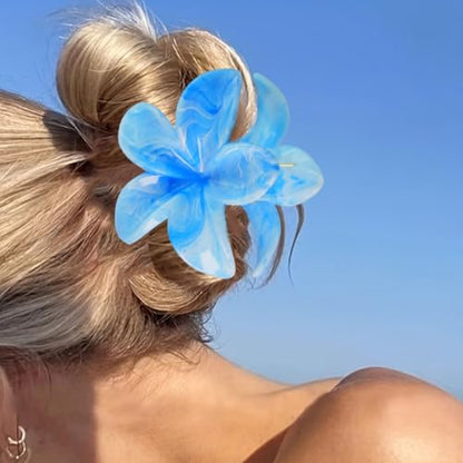 Flower Hair Clips for Women Girls Claw Clips Set Sky Blue Plumeria with Marble Design Barrettes Summer Hair Clip Fashion Hair Styling Accessories for Thick Thin Hair(3Pcs: 1 Large 2 Small) - color: Sky Blue