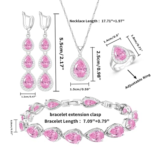 LMXXVJ Necklace Long Earrings Bracelet Set, White Gold Plated Created Blue Sapphire Jewelry Set Wedding Party Gift Jewelry for Women Bridal Bridesmaid - color: White Gold-Pink Ring
