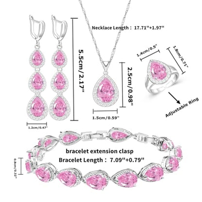 LMXXVJ Necklace Long Earrings Bracelet Set, White Gold Plated Created Blue Sapphire Jewelry Set Wedding Party Gift Jewelry for Women Bridal Bridesmaid - color: White Gold-Pink Ring