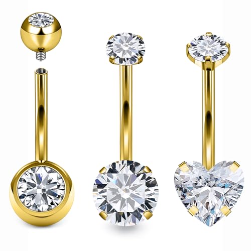 Belly Button Rings Surgical Steel Internally Threaded Belly Button Ring 10MM/12MM/14MM/16MM Navel Rings for Women Clear CZ 14G Long Bar Navel Piercing Jewelry - color: goldtone, size: 12mm bar length