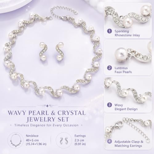 Wavy Pearl Necklace for Women, Rhinestone Crystal Accented Faux Pearl Choker Jewelry Set, Adjustable Statement Necklace for Party Wedding Anniversary