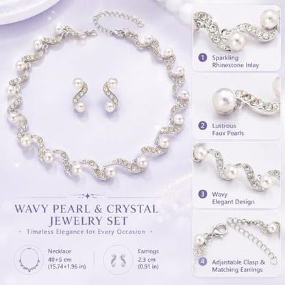 Wavy Pearl Necklace for Women, Rhinestone Crystal Accented Faux Pearl Choker Jewelry Set, Adjustable Statement Necklace for Party Wedding Anniversary