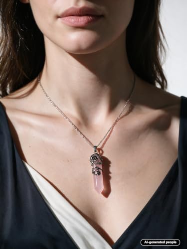 Top Plaza Flower Wrapped Natural Rose Quartz Crystal Necklace | Antique Silver Healing Crystal Gemstone Necklaces for Women Mothers Day Mom Gifts - color: Rose Quartz