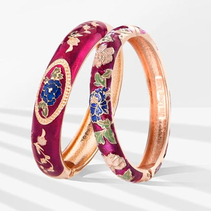 UJOY Cloisonne Bangle Colorful Enamel Filigree Rose Flower Hollowed Crystal Bracelet for Women Gifts 88A09 - color: 2 Pcs Set-C58-Purple