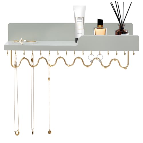 29 Hooks Wall Mount Necklace Holder Organizer, Gray Decorative Wood Jewelry Shelf with Gold Metal Wave Bar and Guardrail for Necklace, Pendant, Chain, Bracelet - color: Gray