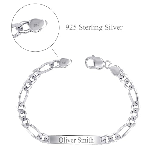 LeCalla Personalized Customised Engraved Name Men's Figaro Chain ID Bracelet in 925 Sterling Silver Personalized Custom Birthday Christmas Fathers Day Jewelry Gift for Dad Husband - color: Thickness 7.5 mm