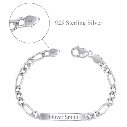 LeCalla Personalized Customised Engraved Name Men's Figaro Chain ID Bracelet in 925 Sterling Silver Personalized Custom Birthday Christmas Fathers Day Jewelry Gift for Dad Husband - color: Thickness 7.5 mm