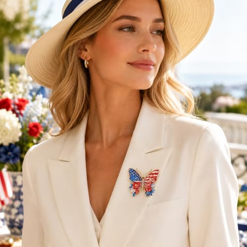 Butterfly American Flag Brooch Pin for Women Sparkly Crystal Red Blue Butterflys Brooches Pins Colorful Enamel Butterfly Statement Pin Patriotic Jewelry Accessorie Gifts - color: RedBlue