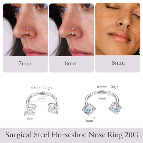 Titanium Horseshoe Nose Ring 20g, Gold Silver Nose Rings Hoops with Double CZ Gems Hypoallergenic Septum Ring for Women Men, Small Cartilage Helix Tragus Daith Labret Piercing Jewelry 7mm 8mm 9mm - color: Silver-CZ+AB