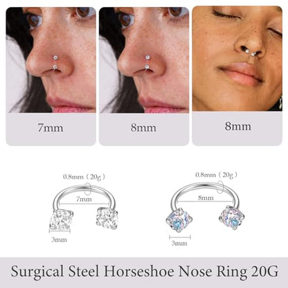 Titanium Horseshoe Nose Ring 20g, Gold Silver Nose Rings Hoops with Double CZ Gems Hypoallergenic Septum Ring for Women Men, Small Cartilage Helix Tragus Daith Labret Piercing Jewelry 7mm 8mm 9mm - color: Silver-CZ+AB