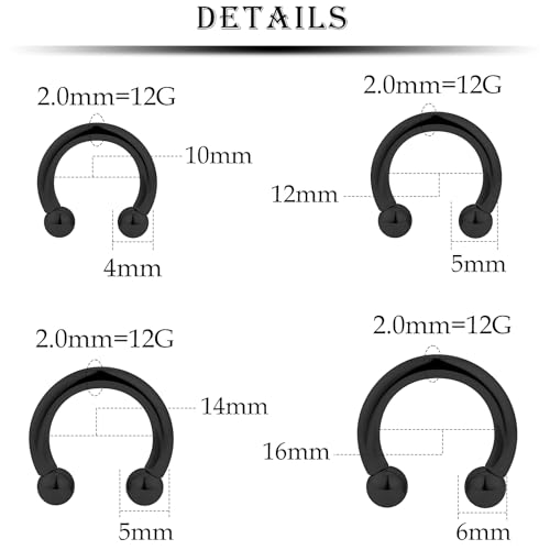 12G Septum Rings Ear Gauges Earrings Hoops Eyebrow Piercings lip Rings Hoop 316L Surgical Steel Cartilage Helix Tragus Rook Daith Earrings Piercing Jewelry for Women Men 10mm 12mm 14mm 16mm - style: 12G，10mm-16mm，Black Tone