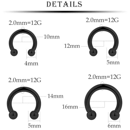 12G Septum Rings Ear Gauges Earrings Hoops Eyebrow Piercings lip Rings Hoop 316L Surgical Steel Cartilage Helix Tragus Rook Daith Earrings Piercing Jewelry for Women Men 10mm 12mm 14mm 16mm - style: 12G，10mm-16mm，Black Tone