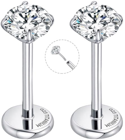 Threadless Flat Back Earrings for Tragus, Helix, Conch, Daith, Cartilage Piercings - G23 Titanium Flatback Stud Earrings with Grade AAAAA Cubic Zirconia - Threadless Flat Back Nose Stud Push Pin Ring Earring Studs (18g, 16g, 20g - 6mm, 8mm) - color: Silve