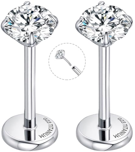 Threadless Flat Back Earrings for Tragus, Helix, Conch, Daith, Cartilage Piercings - G23 Titanium Flatback Stud Earrings with Grade AAAAA Cubic Zirconia - Threadless Flat Back Nose Stud Push Pin Ring Earring Studs (18g, 16g, 20g - 6mm, 8mm) - color: Silve