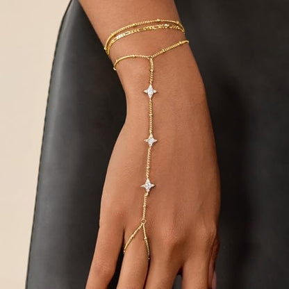 Cicy Bell Hand Chain Bracelets for Women 18K Gold Plated | Layered Stackable Dainty Ring Bracelets, Adjustable Satellite Bead Dot Link Finger Bracelets - color: Style K-Gold