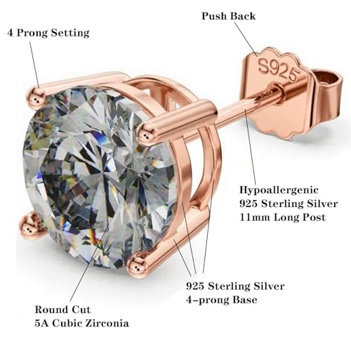 925 Sterling Silver Cubic Zirconia Studs Earrings for Women Men - Hypoallergenic 14K White Gold Plated 5/6/7/8mm Clear Round Cut CZ Studs Earrings - color: Rose Gold 4 Prong, size: 5mm