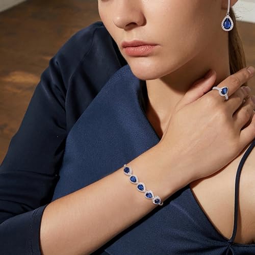 Crysdue Wedding Bridal Teardrop CZ Pendant Necklace Open Ring Dangle Earrings Adjustable Slider Bracelet Jewelry Set, Birthday Mothers Day Christmas Jewellery Gift for Women/Mom/Wife - style: 01-Teardrop Blue Silver-Tone