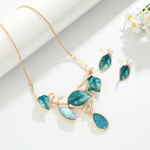 Vintage Statement Jewelry Set - Chunky Flower Floral Plant Geometric Resin Bib Necklace Earring Set Bohemian Boho Crystal Rhinestone Fashion Jewelry for Women Bridal Party Prom Unique Gift - style: MLJS2609-Blue